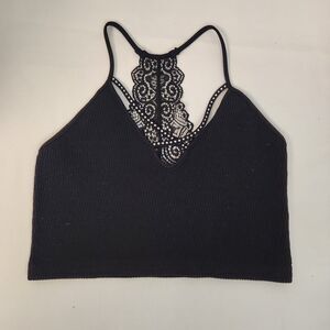 Daytrip Womens Black Strappy Cropped Tank Top Bralette Lace Racer Back Size XS/S